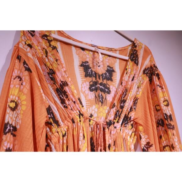 Free People Floral Boho Midi Dress Long Sleeve Flowy Peasant Style – Size XS - Picture 7 of 8